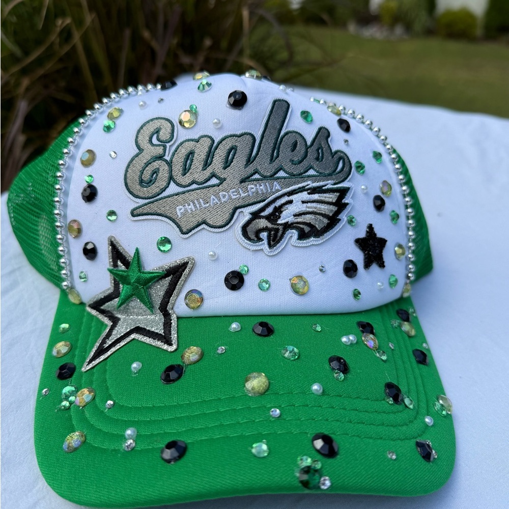 Green and White Eagles Cap with Rhinestones